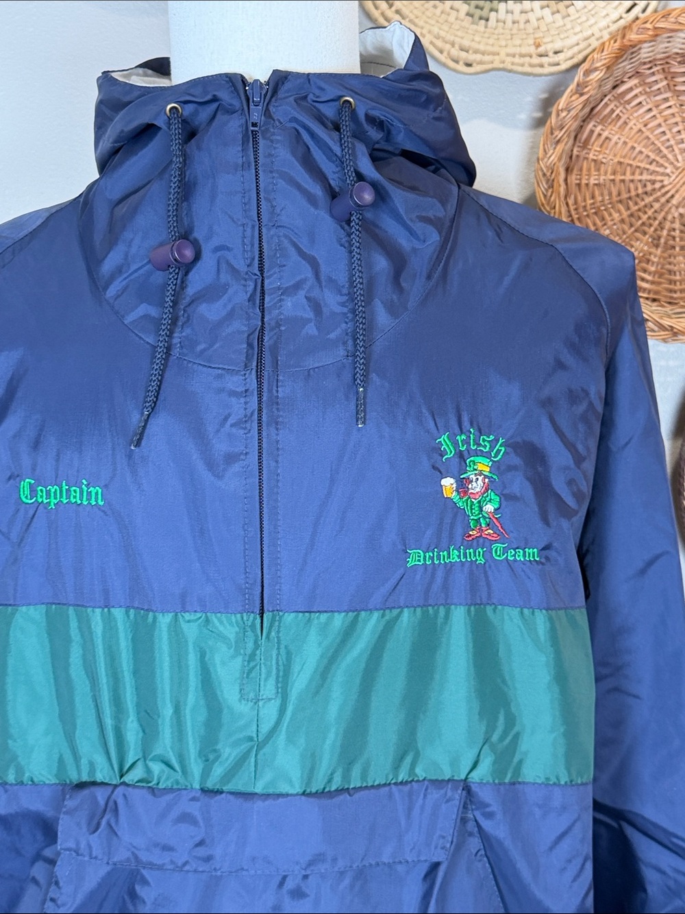 Vintage Irish Drinking Team Captain Lined Windbreaker Jacket  Blue Green Large